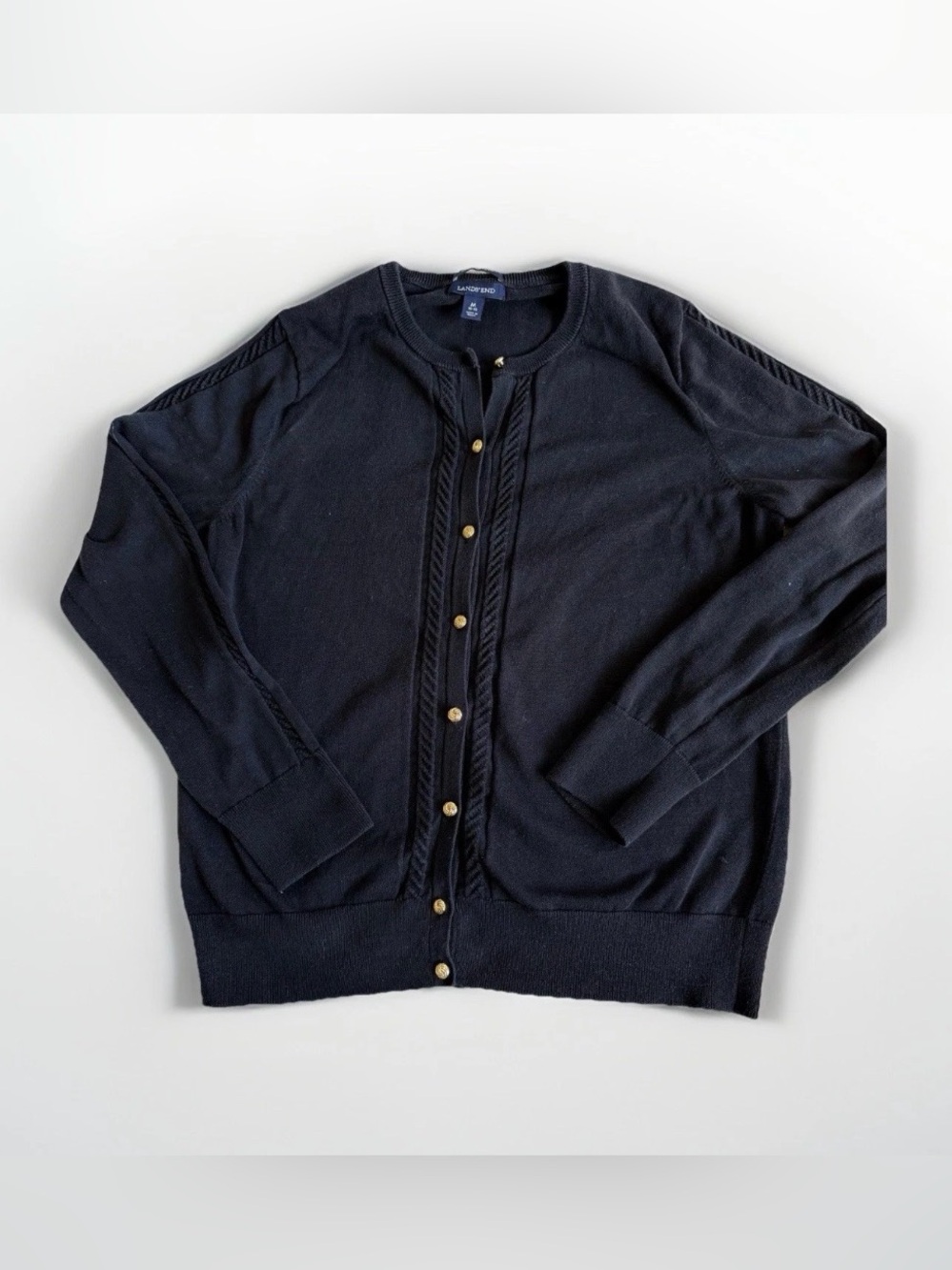 Lands' End M 100% Supima Cotton Black Cardigan Gold Nautical Button Braid Detail